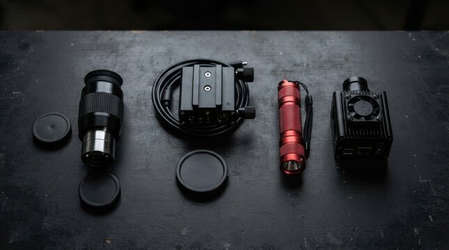 astronomy gear on a workbench with telescope eyepiece, star tracker, CCD camera, lens cap, and red flashlight