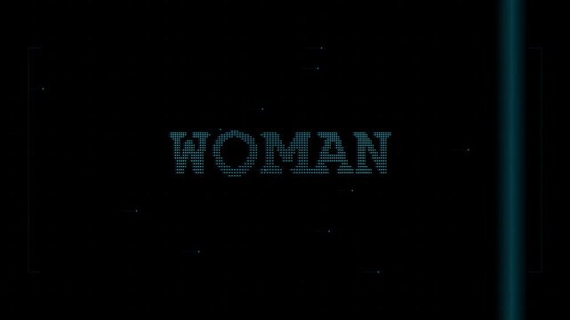 Futuristic digital hud interface screen scanning the word woman with a blue laser beam glow