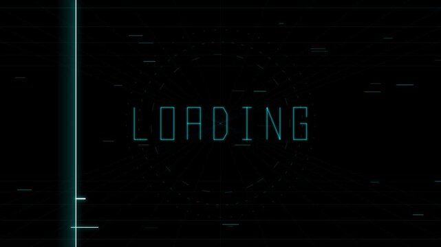 Futuristic Digital Loading Screen Animation with Neon Blue Text and Cyberpunk Grid Background Effect