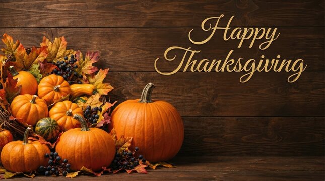 Autumn harvest of pumpkins and gourds with a rustic happy thanksgiving greeting