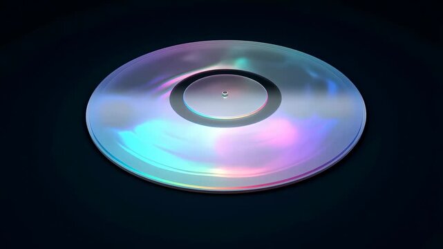 Iridescent optical disc rotating against a dark studio background. Technology presentations, data storage education, and digital media advertising.