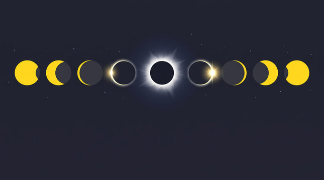 Flat design illustration of solar eclipse phases progression