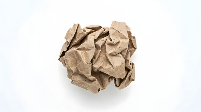 A single  tightly crumpled ball of light brown recycled paper rests against a seamless white background  highlighting its irregular texture and shadowed creases