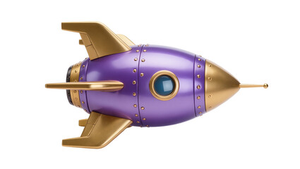 Retro purple and gold rocket ship with round window, isolated on transparent background © PNGera