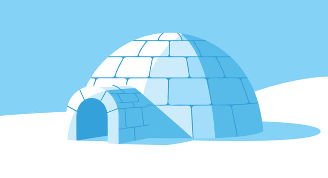 Beautifully shaded snow igloo shelter standing in a cold arctic landscape against a clear blue winter sky background.