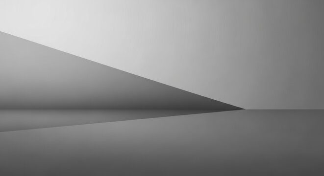 A minimalist, monochromatic room with a gray wall and a single gray triangle on the floor.