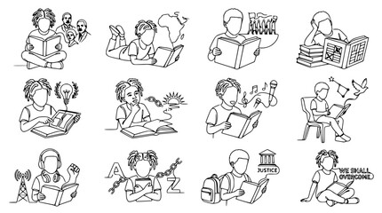 Fototapeta premium Children Reading Books, Learning Concepts, Isolated Vector Illustrations Collection