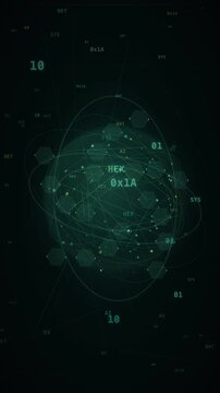 Abstract digital animation of a glowing green data lattice with orbital connections and binary code.