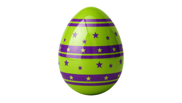 Shiny green Easter egg with purple stripes and stars, isolated on transparent background