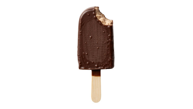 Bitten chocolate ice cream bar on wooden stick, isolated on transparent background