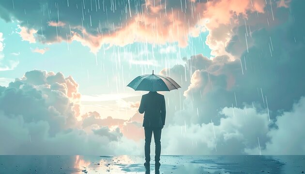 Businessman Holding Umbrella Under Surreal Rain Clouds in Paradoxical Sky Illustration Representing Business Challenges And Corporate Resilience Concepts