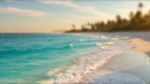 Tropical beach with gentle waves washing ashore during a misty sunrise over the turquoise ocean and palm trees