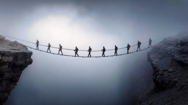 A team walks hand in hand across a rope bridge over a foggy cany