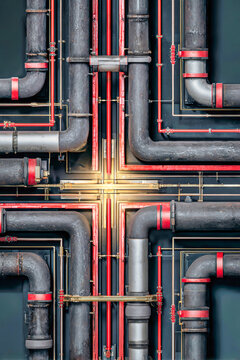Gray and red pipes extend over dark water, creating a cross shap