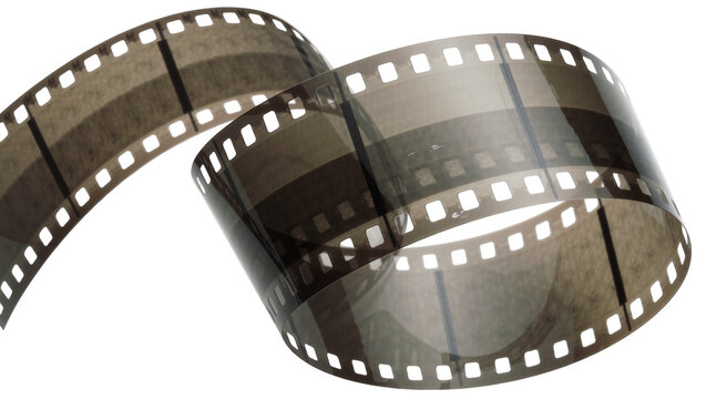Curled old film strip with perforations, isolated on transparent background