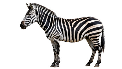 Full body side profile of a zebra with black and white stripes, isolated on transparent background © PNGera