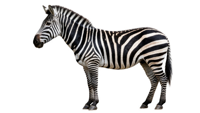 Full body side profile of a zebra with black and white stripes, isolated on transparent background