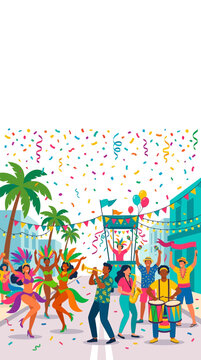Carnival street celebration, colorful confetti falling over dancing performers, musicians and festive decorations, flat vector illustration, empty copy space at the top, clean white background, dynami