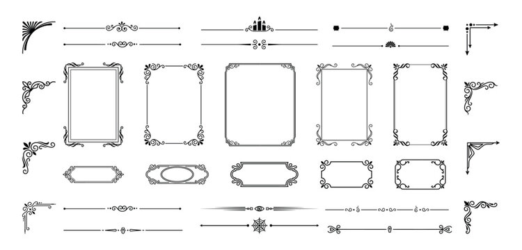 Vintage ornamental text frames and elegant scrollwork page dividers vector set.