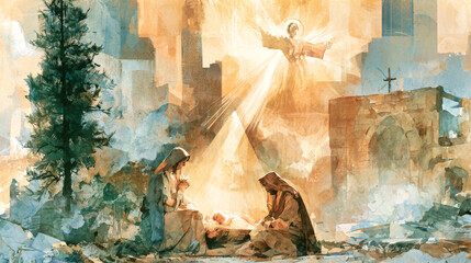 Fototapeta premium Mary and Joseph are present in a stable with baby Jesus. Angels