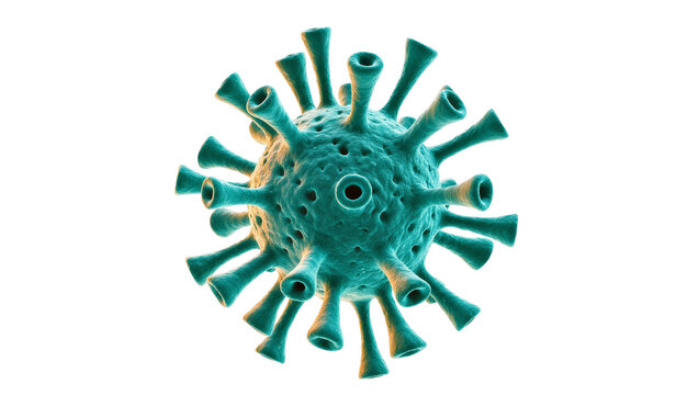 Detailed 3D rendering of a teal coronavirus particle, isolated on transparent background