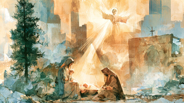Mary and Joseph are present in a stable with baby Jesus. Angels