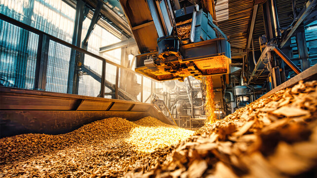 Bucket crane captures wood chips and transfers them to a furnace