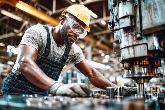 Worker focused on machinery in a busy factory environment during