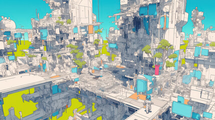 Naklejka premium Futuristic cityscape, vibrant colors, advanced architecture merging nature and technology, ideal for sci-fi concepts or designs.