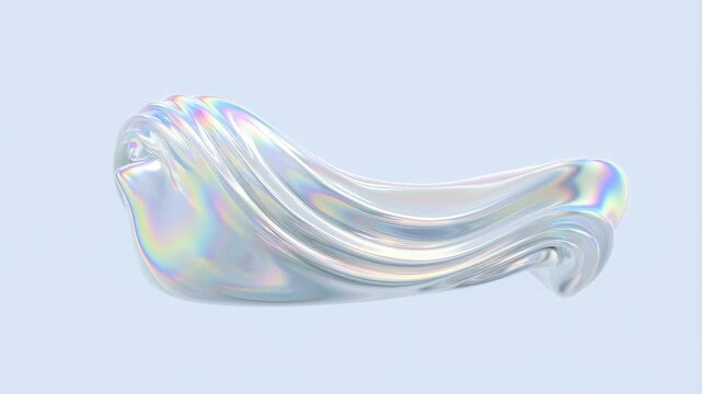 Iridescent fluid shape slowly morphs and curls across a pale blue abstract space. Technology presentation, luxury branding, and fashion graphics.