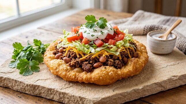 Savory Navajo Frybread Taco with Bison Meat Beans and Cheese