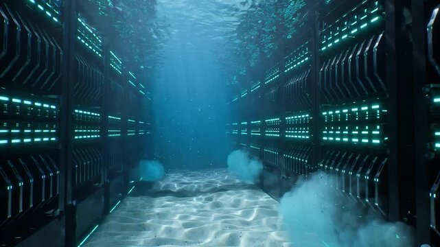 Underwater data center with server racks cooling system concept. Digital information technology and big data processing background