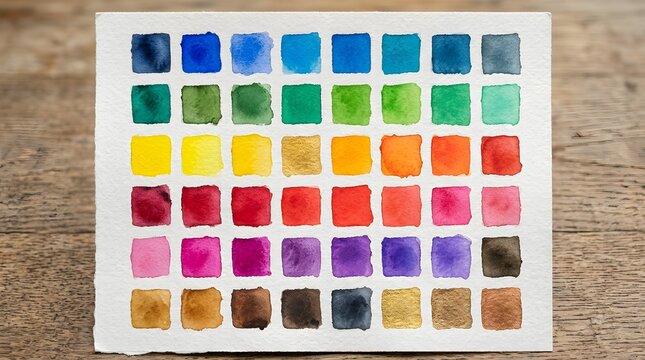 Watercolor paint swatches in various hues  neatly organized into rectangular sections on white paper placed over wood grain texture