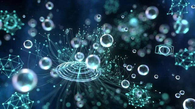 Bubbles and molecular structures floating in a futuristic abstract network representing science, data, and nanotechnology