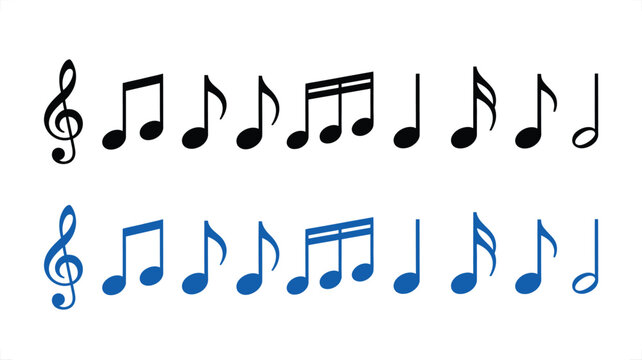 Musical notes vector set, black and blue music notation icons, treble clef and rhythmic melody symbols, 18 elements in eps format for audio design
