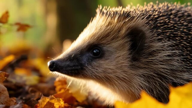 Young Hedgehog in Autumn Leaves