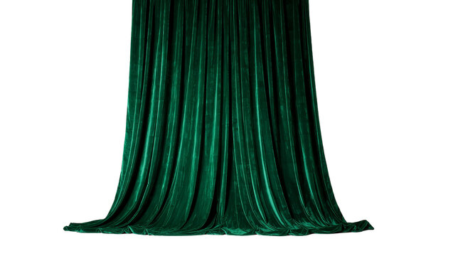 Deep emerald green velvet curtain with soft folds, isolated on transparent background