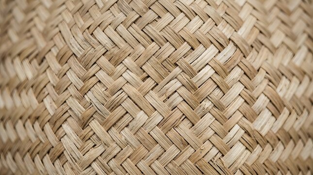 Detailed view of a handwoven basket made from dried plant fibers  showcasing a tight diagonal weave and textured natural color variations