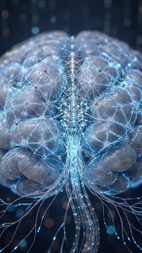 Artificial intelligence showing neural network activity with glowing electrical impulses connecting the human brain hemispheres
