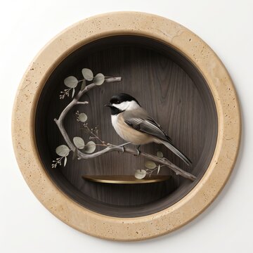 Small chickadee bird illustration on a dark round decorative wall plate isolated on white background isolated on white background