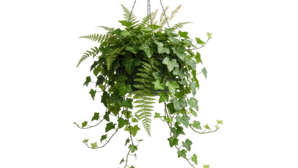 Lush green hanging basket with ivy and fern foliage, isolated on transparent background © PNGera