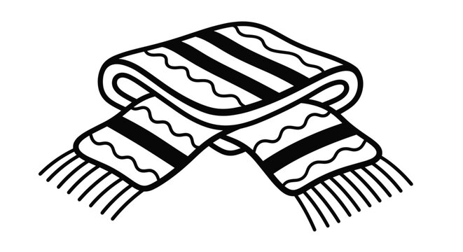 Folded warm winter scarf with stripes, waves, and fringe outline icon isolated on white background for creative design.
