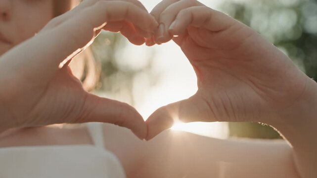 Young woman forms heart shape with her hands against soft sunlight creating warm backlighting and bokeh background. Her face is partially visible as woman maintains gesture emphasizing calm