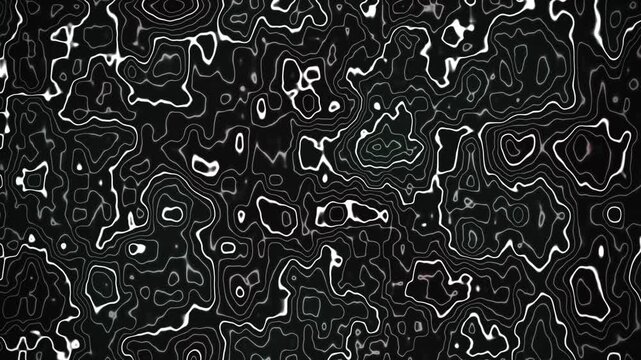 Abstract glowing white lines flowing seamlessly across a dark digital background, creating a dynamic topographic map-like pattern, ideal for technology, data, or scientific visualizations.