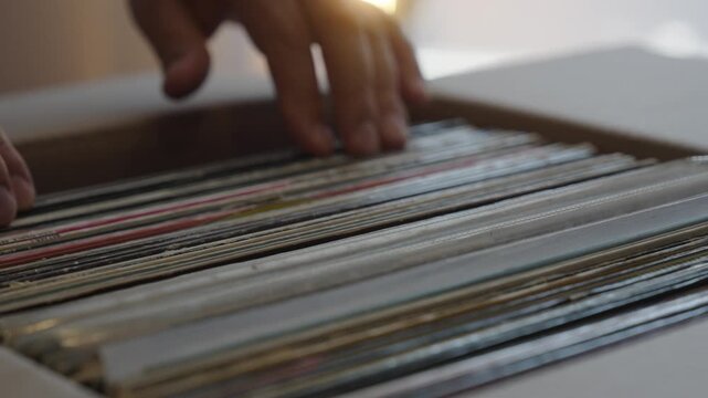 Hands Browsing Vinyl Record Collection in Cardboard Box