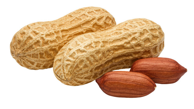 Two whole peanuts and two shelled peanuts, isolated on transparent background