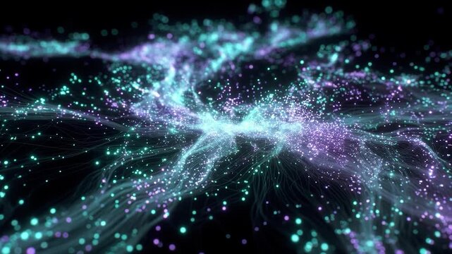 Abstract technology network flowing with purple and teal digital particle data streams connecting information on a dark background