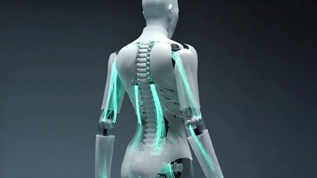 Futuristic humanoid robot rotating, showcasing its advanced biomechanics. Glowing artificial muscles and cybernetic spine are visible inside