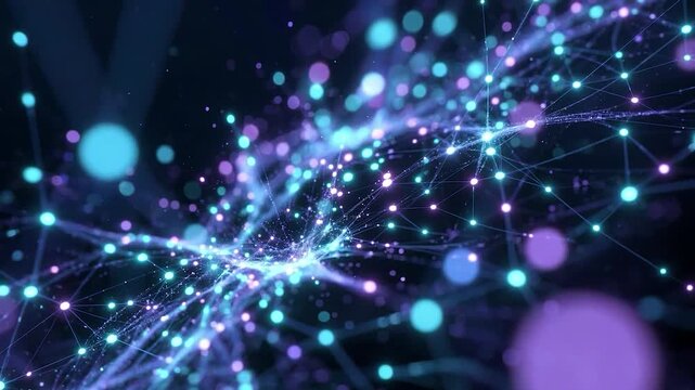 Abstract digital network connection with glowing blue and purple particles moving through a plexus structure in dark space