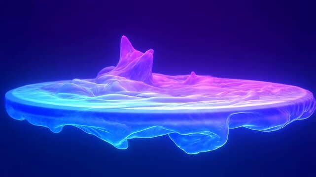 Glowing blue and purple fluid forms morph into a circular ripple in abstract digital space. Technology presentations, science media, and digital title sequences.